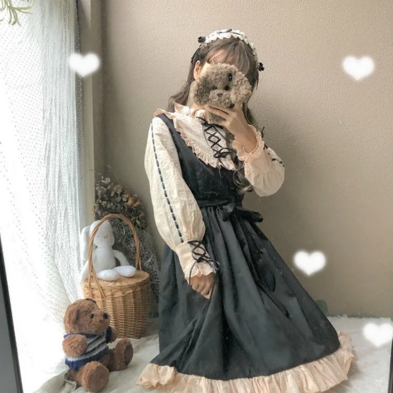 Abito vittoriano gotico Lolita OP Vintage elegante donna volant O collo fasciatura manica lunga abiti da principessa Harajuku Party Dress