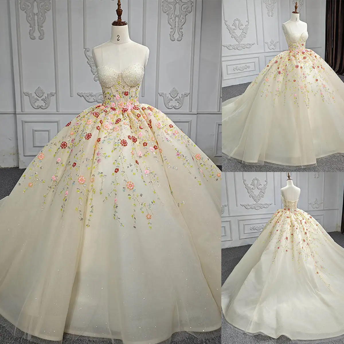 Colorful Ball Gown Wedding Dress Shining Sequins Beading Strapless Bride Gowns Colored Flowers Lace Up Sleeveless Bridal Dresses