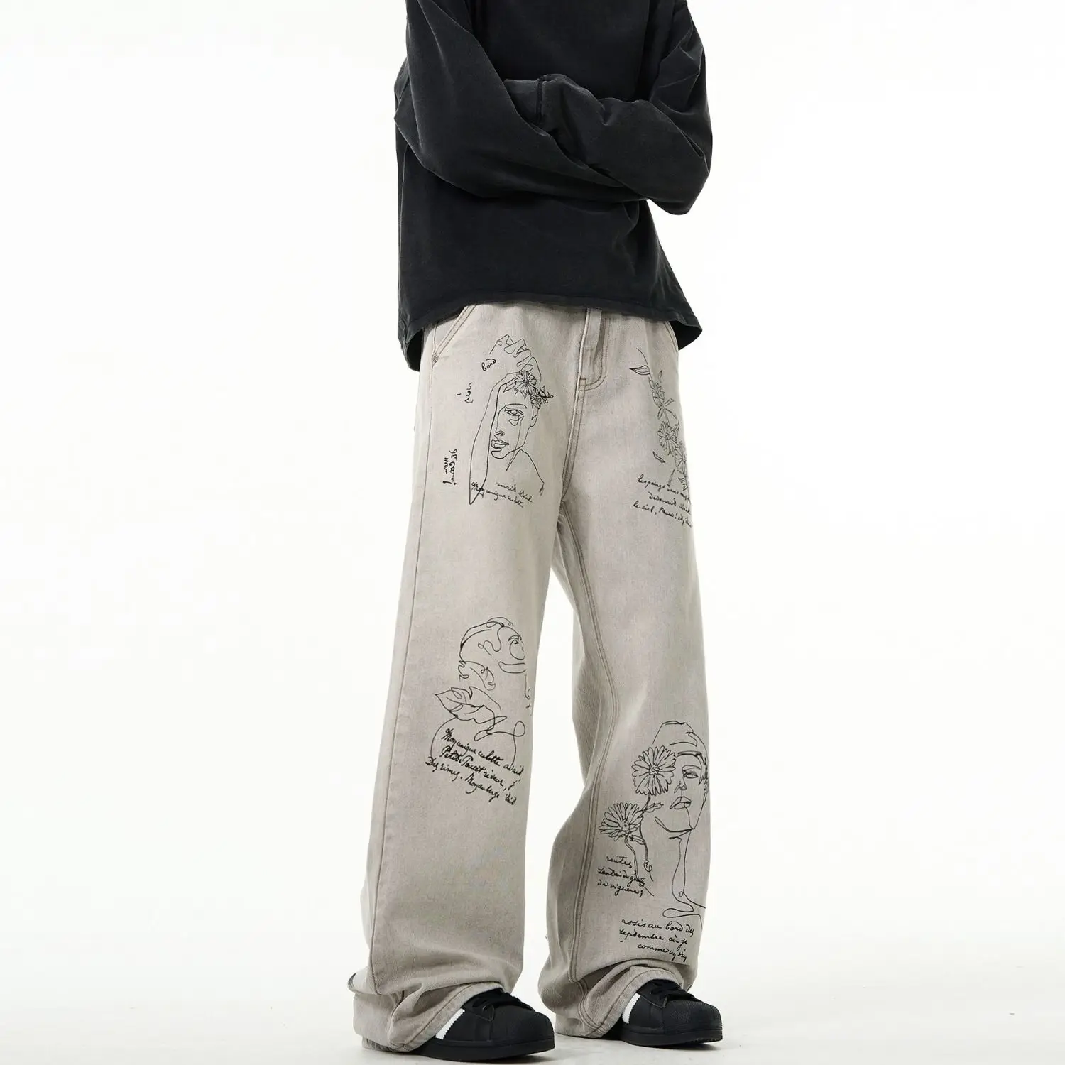 American retro street graffiti wide-leg pants jeans for men and women loose and versatile oversize vintage casual pants y2k ins