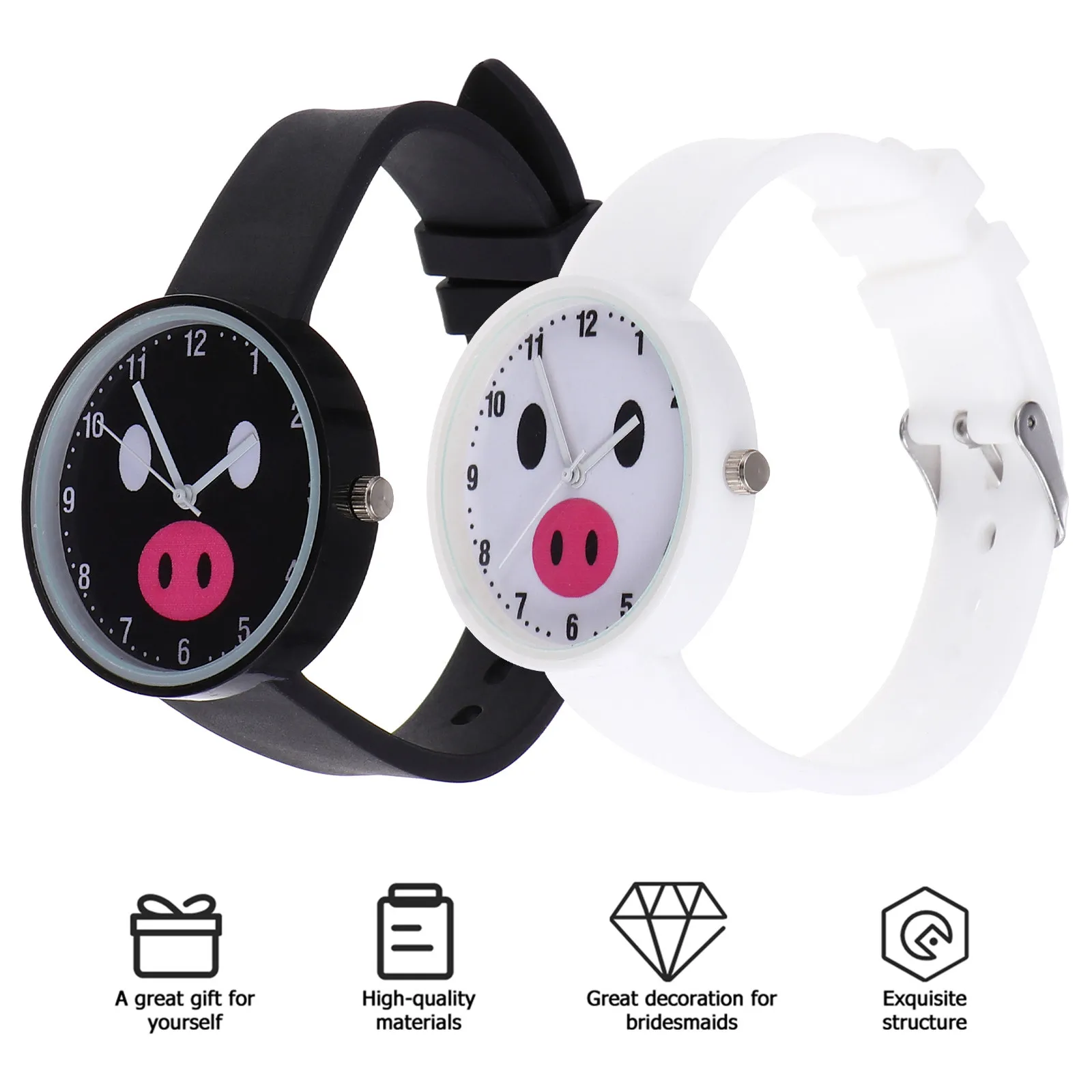 2Pcs Wrist Watch Silicone Band Cartoon Pattern Waterproof Quartz Movement Watch for Students Safe Comfortable