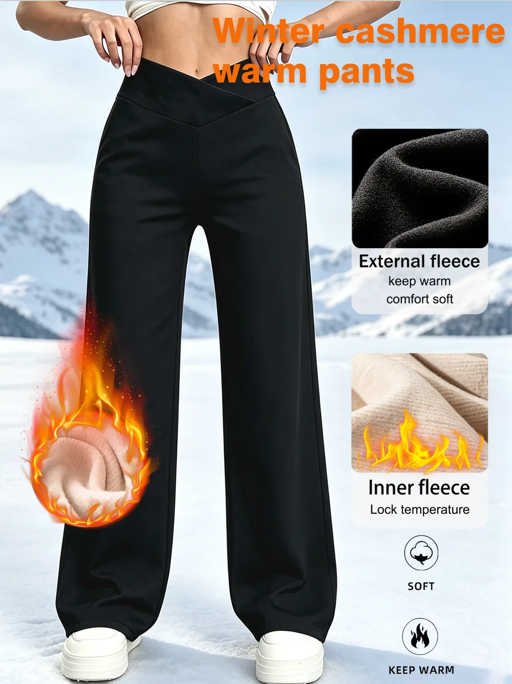 Ein Paar Damen-Samthose mit weitem Bein für den Winter, gekreuzter Bund, gerade geschnitten und außen samtig, warm und samtig.