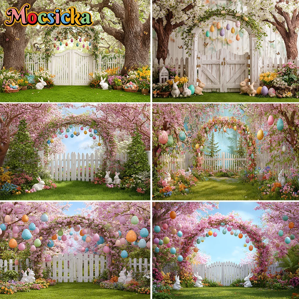 

Spring Easter Backdrop Pink Flowers Fence Easter Colorful Eggs Green Lawn Natural Scenery Photography Background Photo Studio
