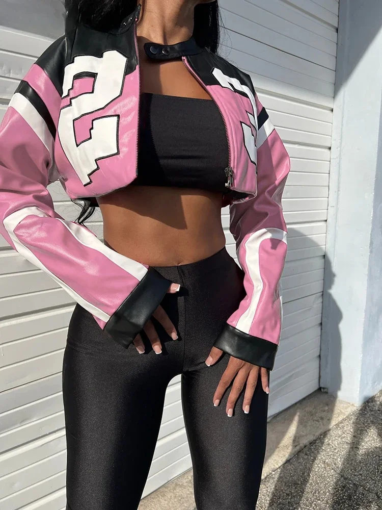 Faux Leather Varsity Jacket Women Hipster Letter Print Autumn Casual Sporty Wild Streetwear Uniform Trend Crop Coat