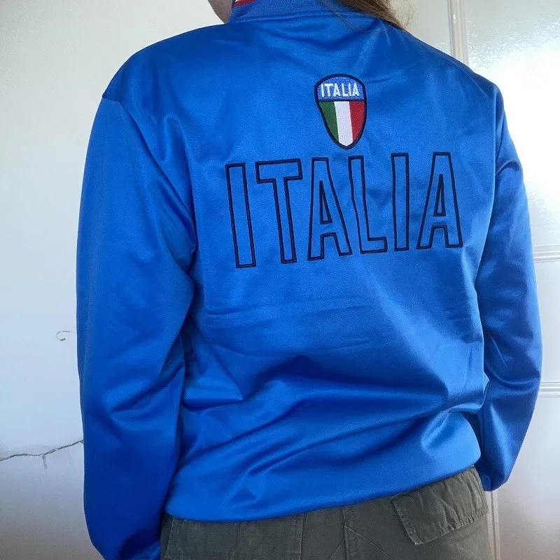 2000s Women\'s Autumn Italian Flag Blue Large Sweatshirt Y2k Aesthetics Street Trend Long Sleeve Zipper Vintage Sweatshirt