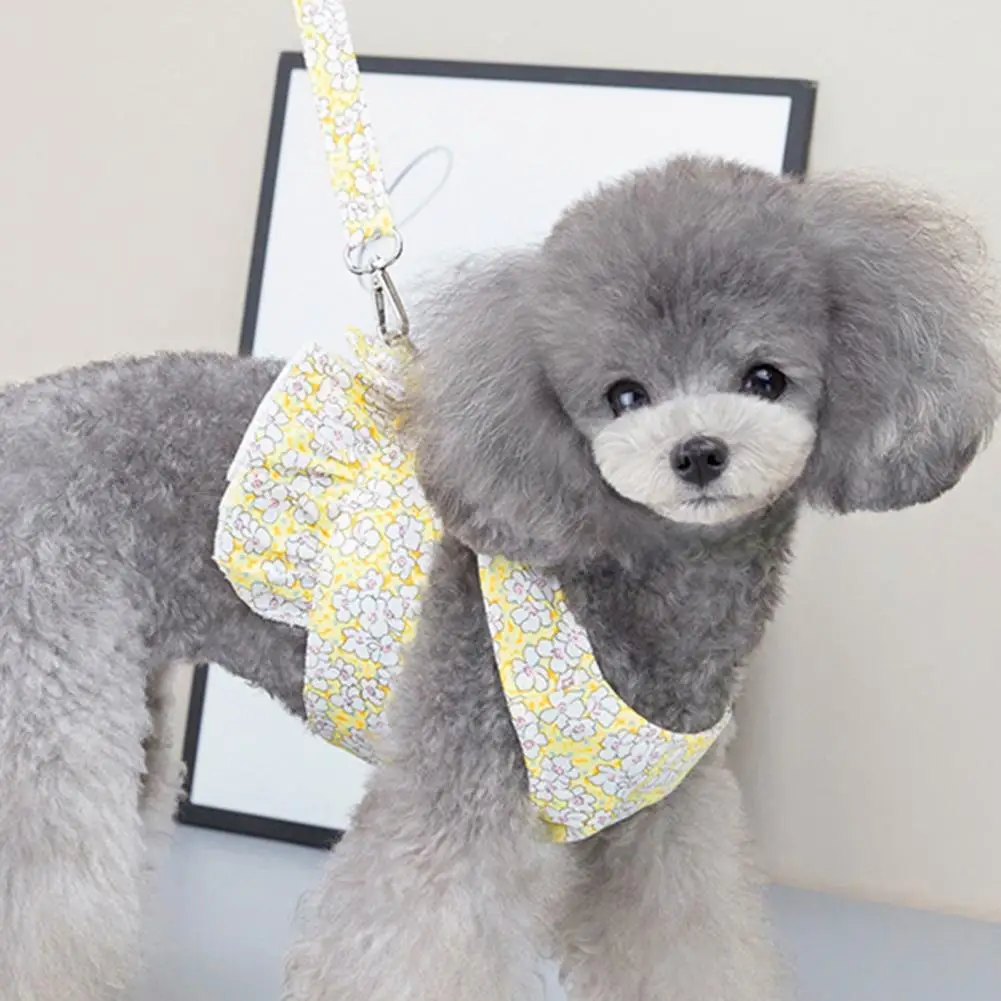 Dog Dresses Ruffle Trim Puppy Dress With Pulling Rope Bowknot Floral Printing Dogs Harness Adorable Pet Clothes For Daily Wear