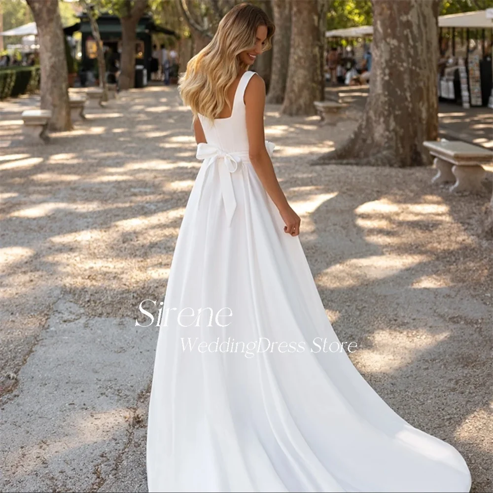 Customized Square Neck 3D Flower High Side Slit Stain Wedding Dress Simple A-Line Backless Lace Up Floor Length Bridal Gowns