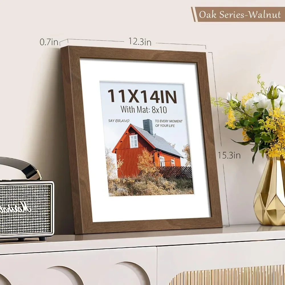 VCK 11x14 Picture Frame 5 Pack, Natural Wood Grain Brown Walnut & HD Glass, Display 8x10 Photos with Mat or 11x14 Without Mat