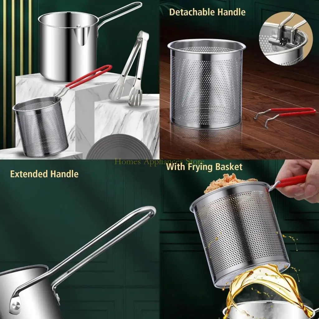 D0AB สแตนเลสสตีลขนาดเล็กกระทะความจุ 1.2L พร้อมตัวกรองแม้กระทั่งการกระจายความร้อนหม้อทอดด้วยตะกร้ากรอง