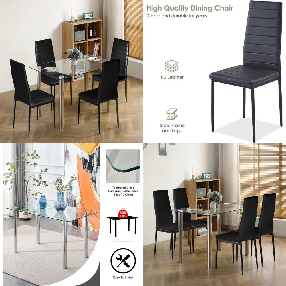 Modern Black 5-Piece Dining Set with Tempered Glass Table and Faux Leather Chairs