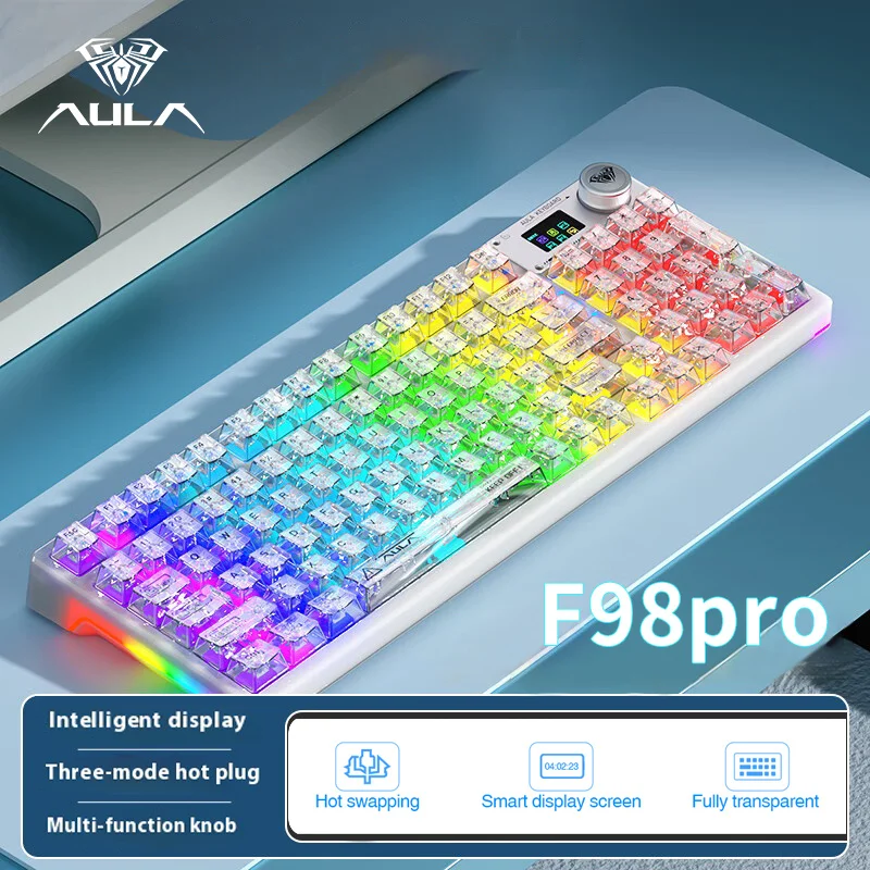 AULA F98 Pro Mechanical Keyboard 3-mode Wireless Bluetooth Hot-swap E-sports Customized Transparent Keycaps RGB Game Keyboards