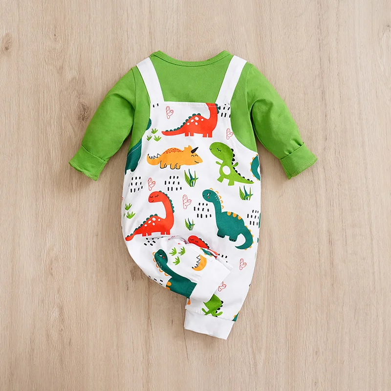 Spring And Autumn Boys And Girls Cute Cartoon Backstraps Dinosaur Printed Cotton Comfortable Long Sleeve Baby Bodysuit