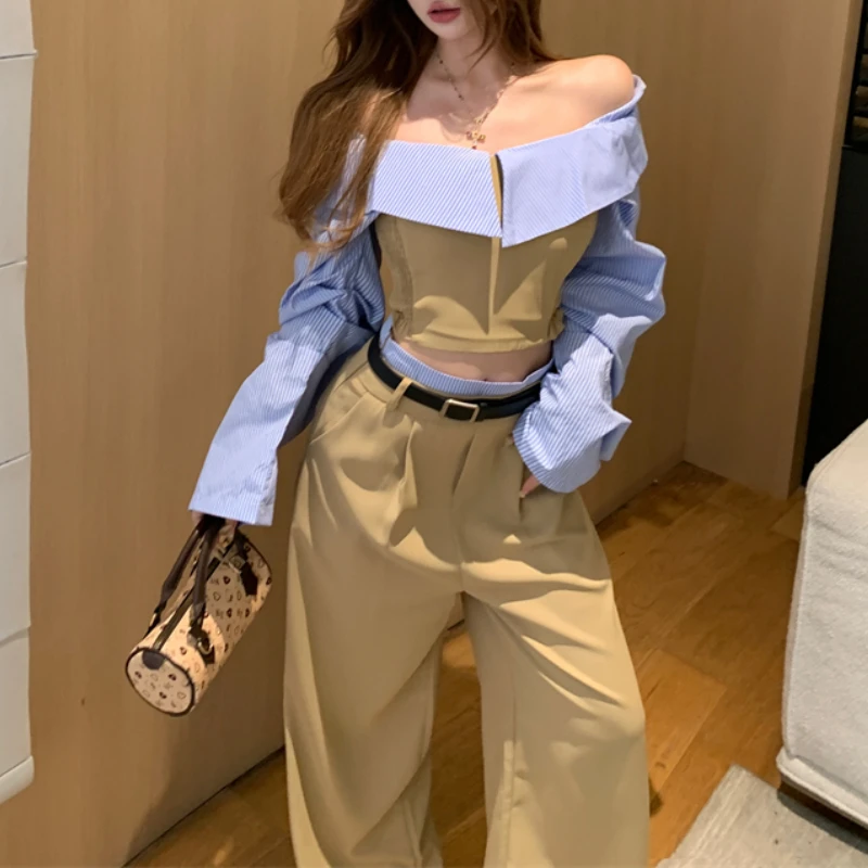 2024 Autumn New Off-shoulder Striped Sexy Long Sleeve Shirt Women + Contrast Color Patchwork Loose Wide Leg Pants Two-piece Suit