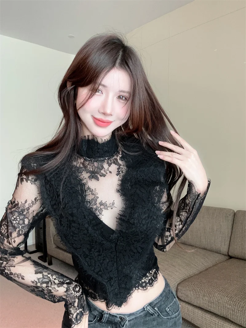 

Сексуальный кружевной полупрозрачный топ с 3D вышивкой для похудения Me Base irt, женский модный корейский топ Long Sve ort Length