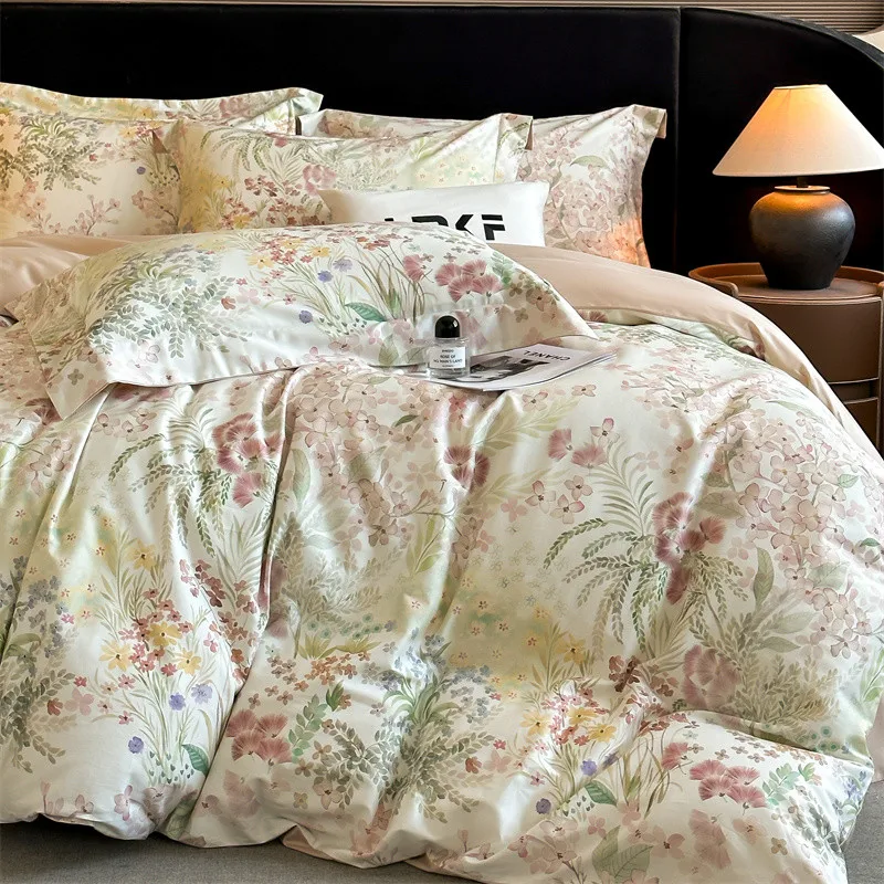 Luxury Flower Digital Printing Satin Egyptian Cotton Bedding Set Duvet Cover Set Bed Sheet/Fitted Sheet Pillowcases 4Pcs