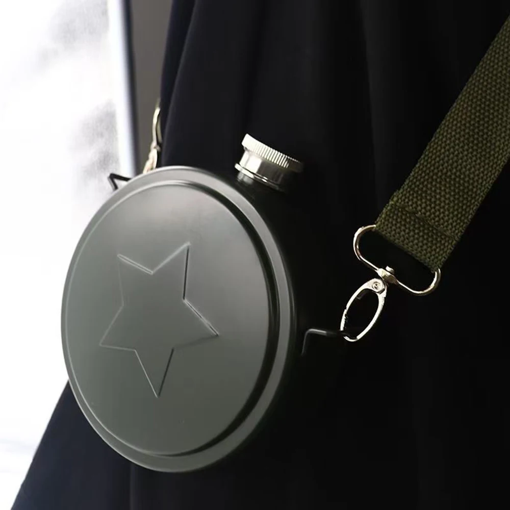 Army Green Stainless Steel Hip Flask with Shoulder Strap, Outdoor Portable Sports Water Bottle, Single-Wall Travel Wine Pot, 3