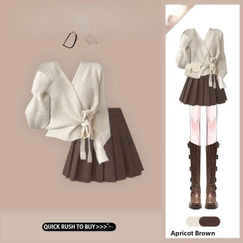 

Autumn Soft Gentle Knitted Set Slimming Plaid Skirt College Sle Two-Piece Women's Faion Casual Wear Age-Defng