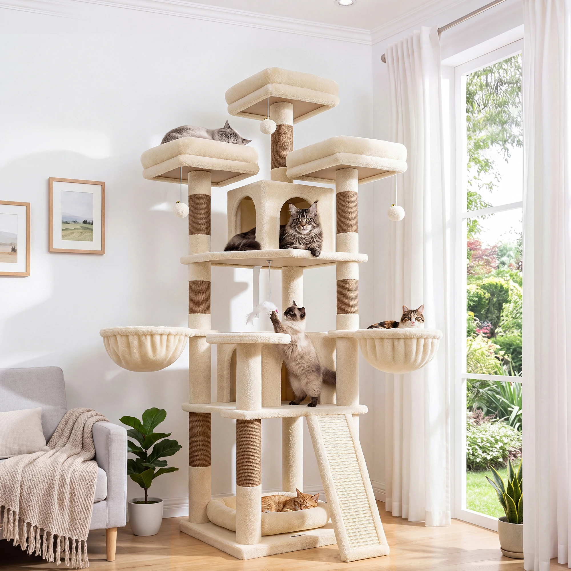 Globlazer 70 Inch Cat Tree for Medium to Large Cats Multi-Level Cat Tower with Scratching Posts Indoor Cat Condos 2 Hammocks and 3 Perches