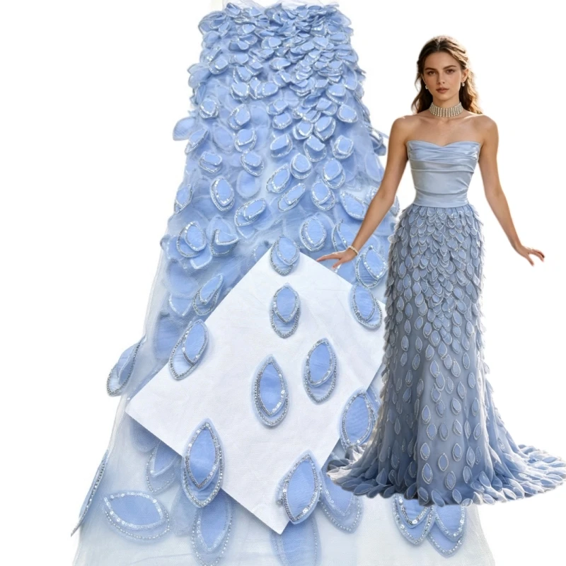 Elegant New Design 3D Hand Embroidered Leaf Tulle Lace Fabric, African Sequin Beaded Mesh Lace for Women Party Wedding Gowns