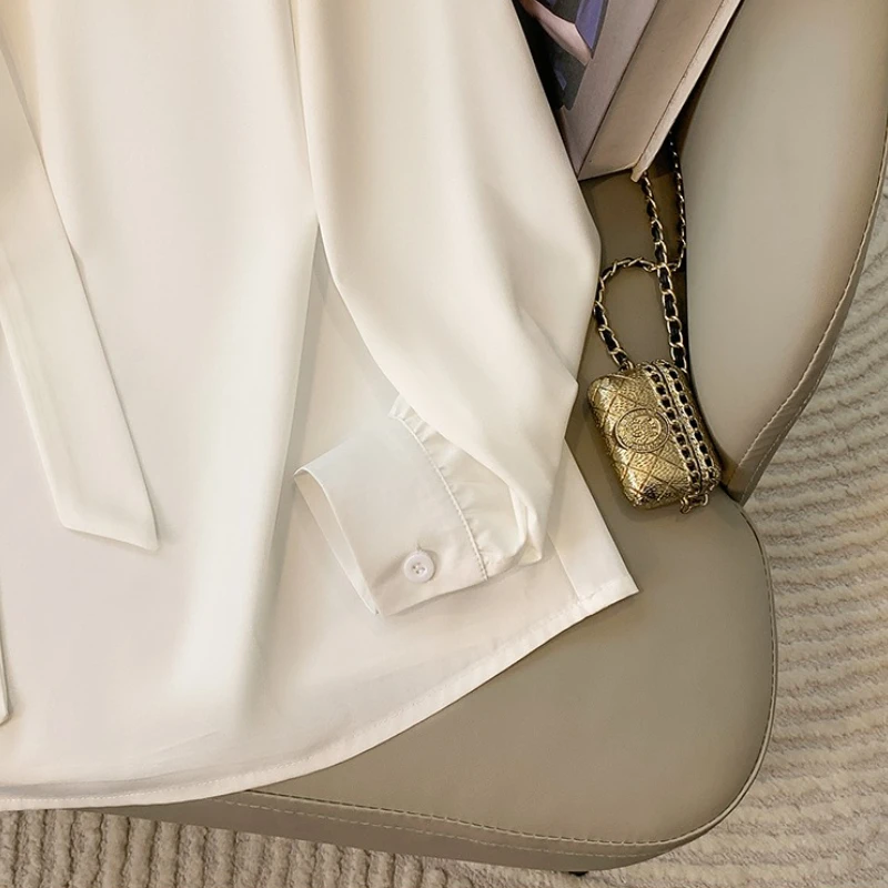 الصلبة رقيقة الشيفون حجم كبير قميص 2025 المرأة أنيقة فراشة عقدة الخامس الرقبة بلوزة ربيع الخريف موضة طويلة الأكمام بلايز #6