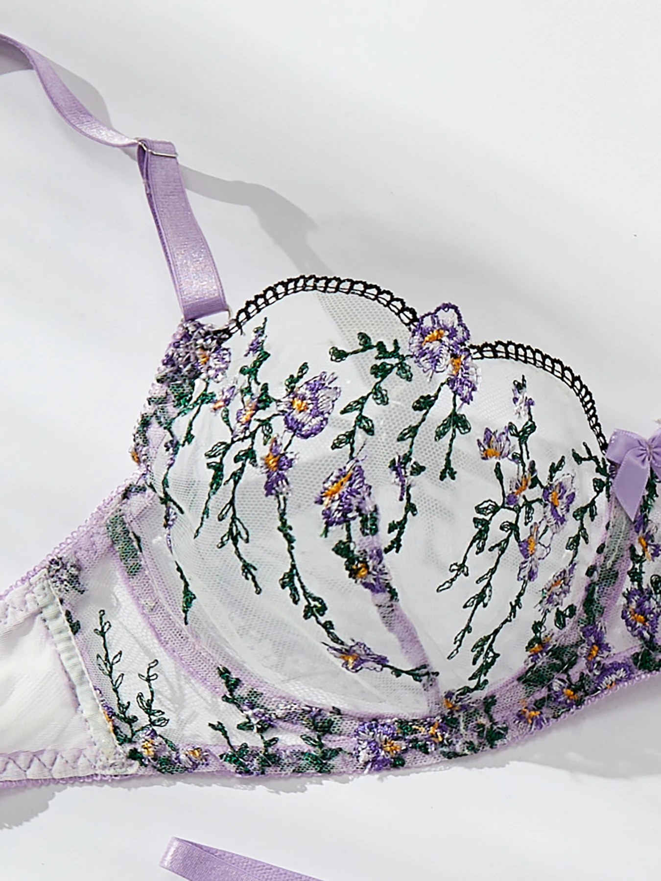 Purple Embroidery Lingerie Set Women Sheer Bra Brief Underwear Set Strappy Sexy Intimates Underwear Set