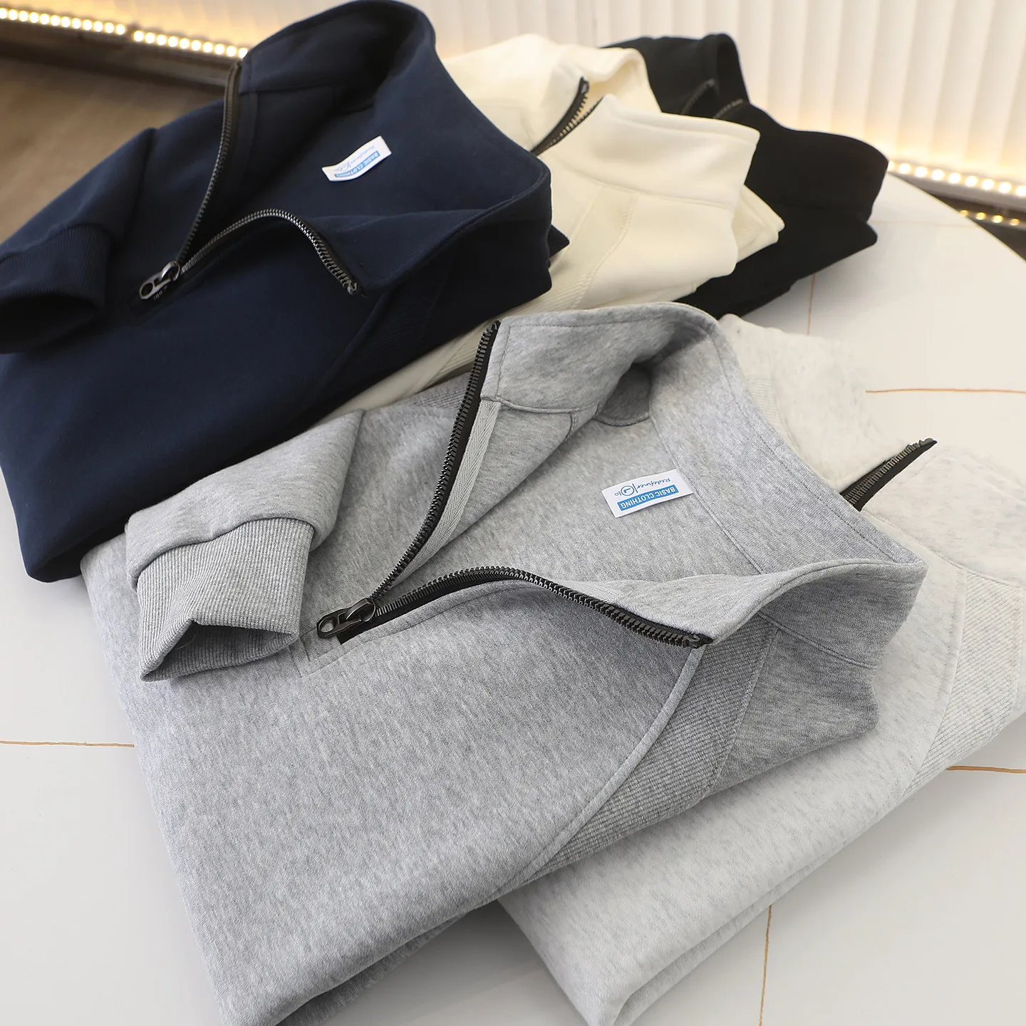 

Soft elastic double-sided plain weave men's stand-up collar half-zipper long-sleeved sweater bottoming shirt