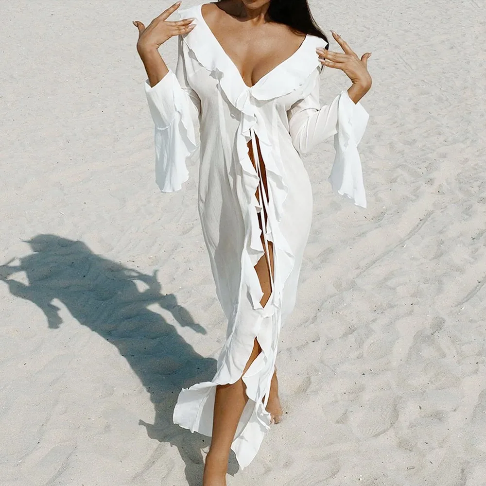 

Fashion V Neck Summer Beach Cover Up Ruffled Loose Bikini Sunscreen Smock Bathing Suit Casual Swimsuit Cover Up Dress for Women