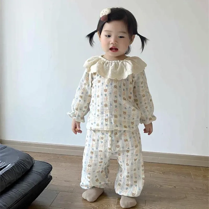 Girls Set Clothes Baby Homewear Muslin Cotton Floral Pajama Outfit Kids Princess Doll Collar Suit Shirt Tops+Pants 2PC 0-7 Years