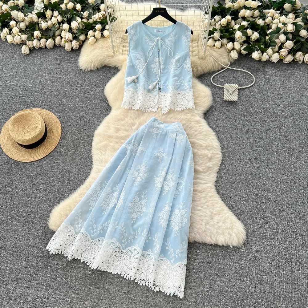 

French chic O-neck sleeveless lace-up lace fairycore dress women's summer waist Beach dresses women clothing
