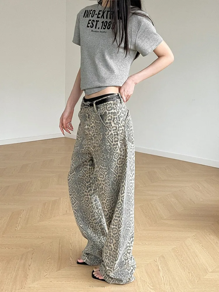 HOUZHOU Vintage Leopard Print Jeans Baggy Women Streetwear Y2k Beige Wide Animal Print Denim Pant 90s Aesthetic Oversize Hip Hop