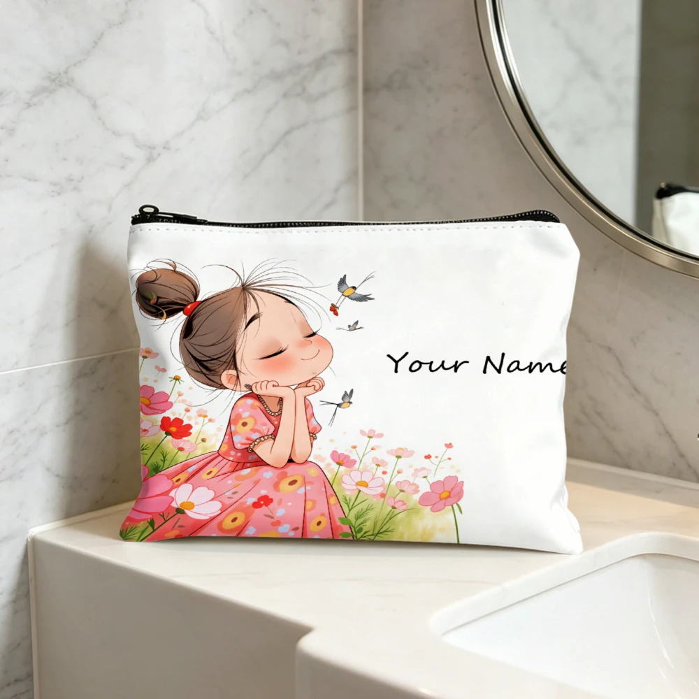 1pc Vintage Cute Little Girl Flower Makeup Bag Custom Name Cosmetic Pouch Teachers' Day Wedding Party Gifts Handbag Beauty Case