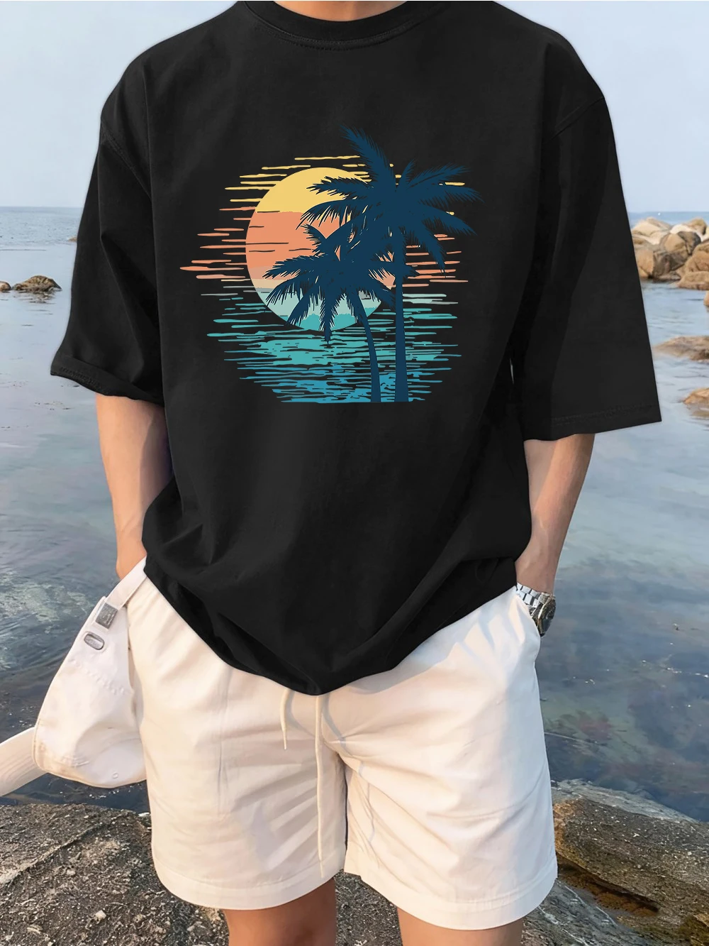 Sunset Coconut Tree Scene Printed Basics Soft T Shirt Man All-Match Cotton T-Shirt Sport Loose Tops Daily Comfortable Clothing