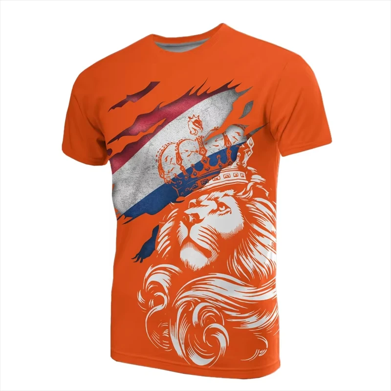 Unisex Dutch Netherlands Orange Lion Graphic T‑Shirt Flag Short‑Sleeve Tops Koningsdag Holiday Casual Sports Tees Street Shirts
