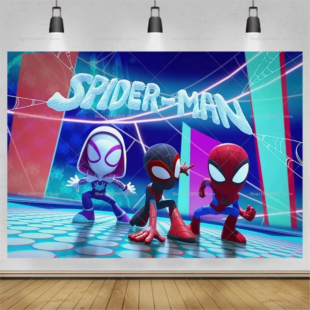 Disney Super Hero Photography Backdrop Kids Birthday Cartoon Photo Background Spidey and His Amazing Friends Photo Booth Props view 3