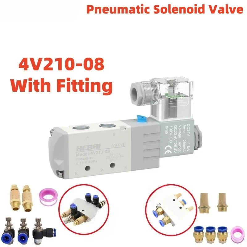 

4V210-08 Pneumatic Solenoid Valve With Hose Fittings 5 Way 2 Position Control Air Gas Magnetic Valve DC24V AC220V 4mm-12mm
