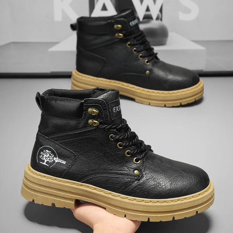 

Autumn Mens Leather Boots Outdoor Comfort Lace-Up Platform Boots Fashion Designer Men Non-slip Work Boots Botas Para Hombre