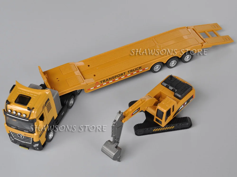 1:50 Scale Diecast Model Truck Toy Tractor and Flatbed Semi-Trailer With Excavator Miniature Replica