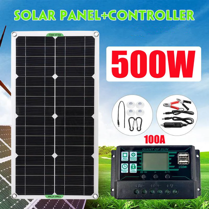 

Solar Panel 500W Kit Complete Dual 12/5V DC USB With 60A/100A Solar Controller Solar Cells for Car Yacht RV Battery Charger