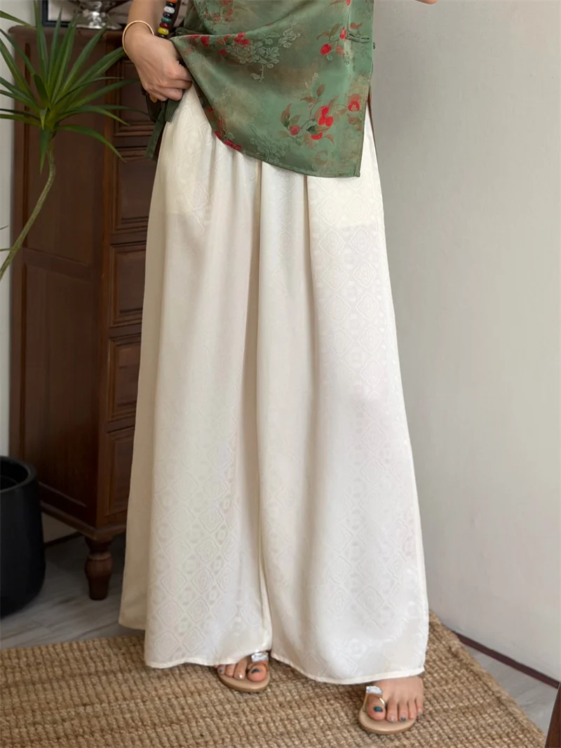 

New Chinese Style Wide Leg Pants Elastic Waist Silk Embroidery Drapey Loose Women Summer Fashion Casual Trousers