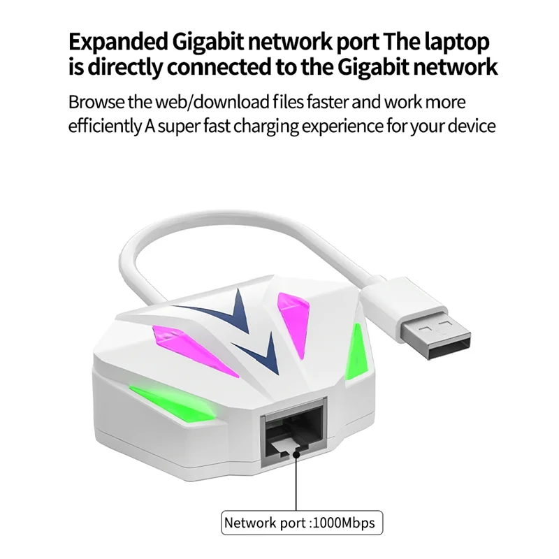 Adapter sieciowy A14E-USB na RJ45 Ethernet 10/100/1000Mbps z efektem oświetlenia RGB do komputera PC i laptopa