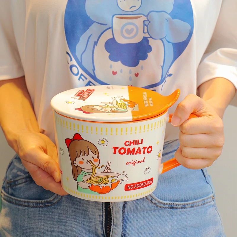 Microwave instant noodle bowl dormitory student with cover ceramic cute with tableware handle dry noodle office girl heart