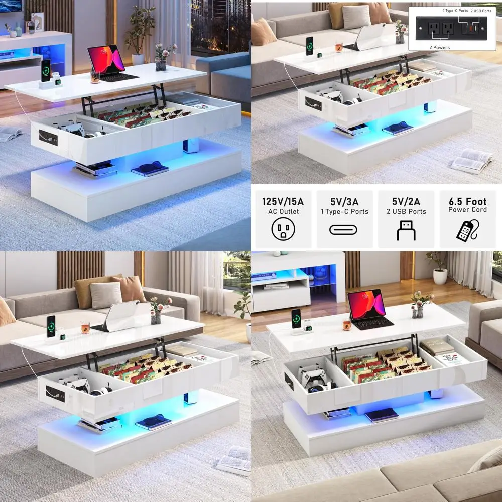 

Modern High Gloss White LED Coffee Table with Storage Drawer for Living Room, Large Lift Top Table
