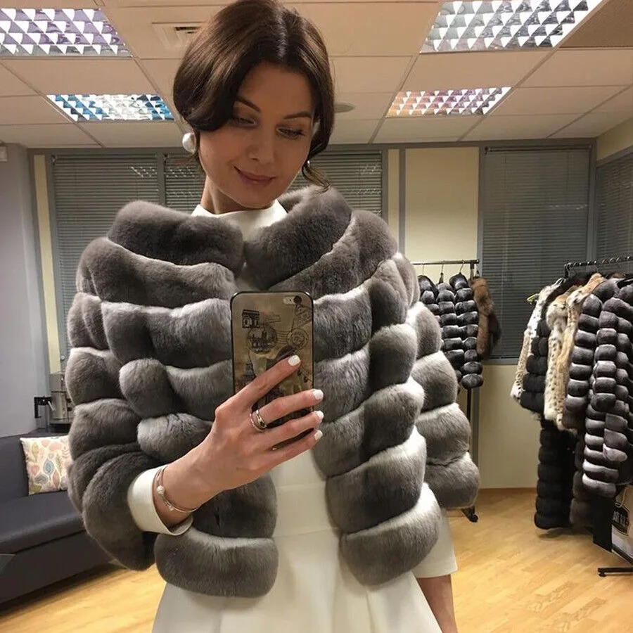 

Women's Real Chinchilla Rex Rabbit Fur Coat Collarless Jacket Overcoat Grey authentic genuine fur coats women's clothing trend