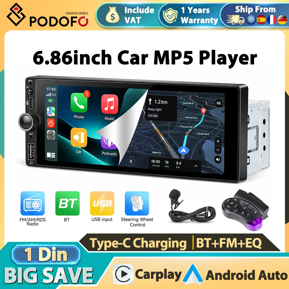 Podofo 6.86'' Radio Samochodowe Multimedialne MP5 Bluetooth FM AM RDS EQ Bezprzewodowy Carplay Android Auto Mirror Link Radio Samochodowe Sterowanie z Kierownicy