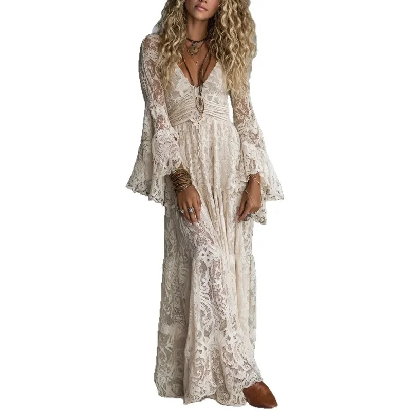 2026 New Elegant V Neck Dress High Waist Lace Flared Long Sleeve Boho Wedding Guest Party Gown Formal Evening Wear