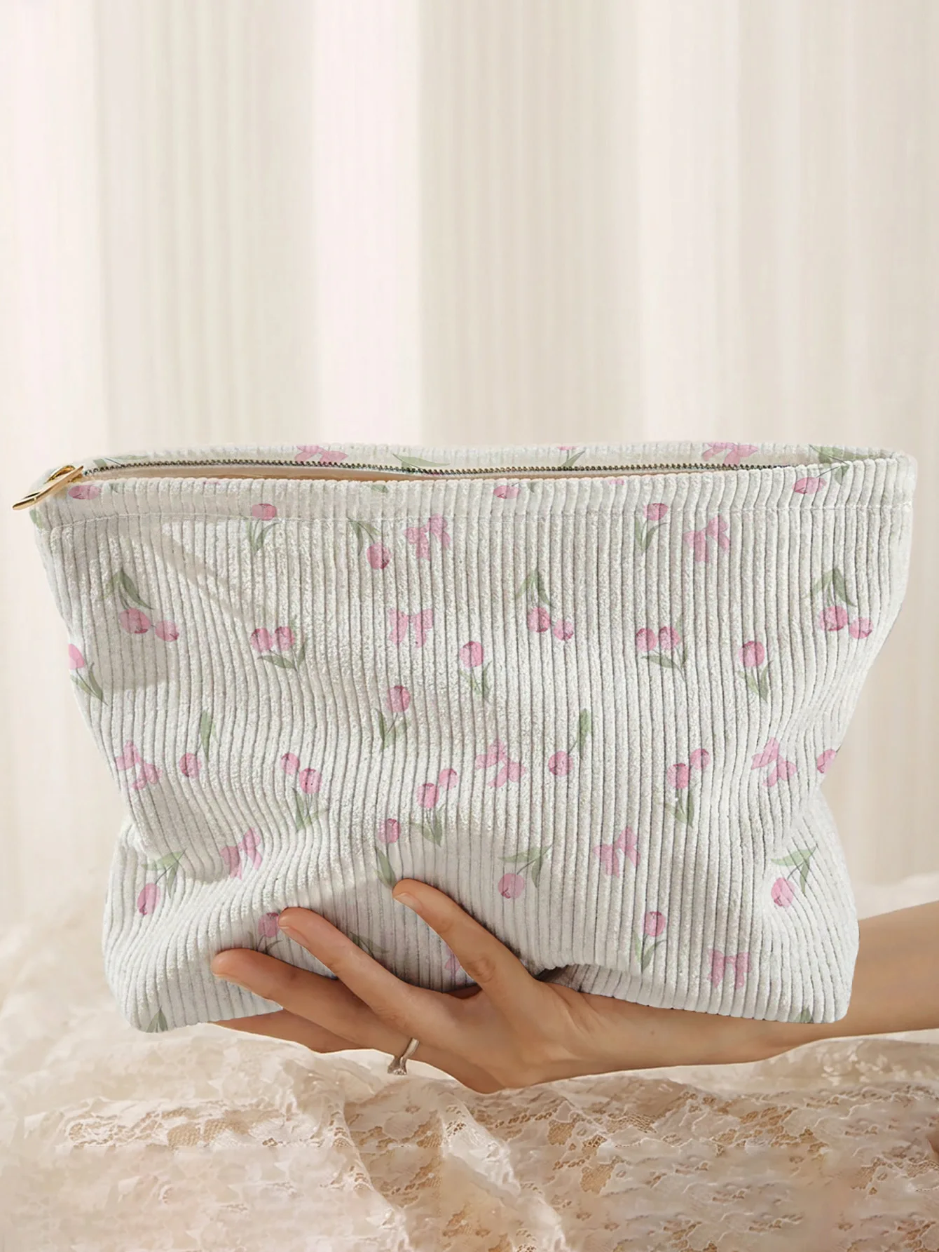 Ditsy pink tulip printed corduroy makeup bag, lightweight zipper pouch, multifunctional lined cosmetic bag
