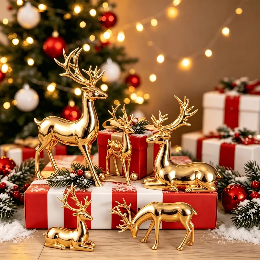 5pcs Golden Elk Figurine Ornament, Finely Crafted Resin Statue, Home Decor Ornament, Suitable for Office, Bedroom