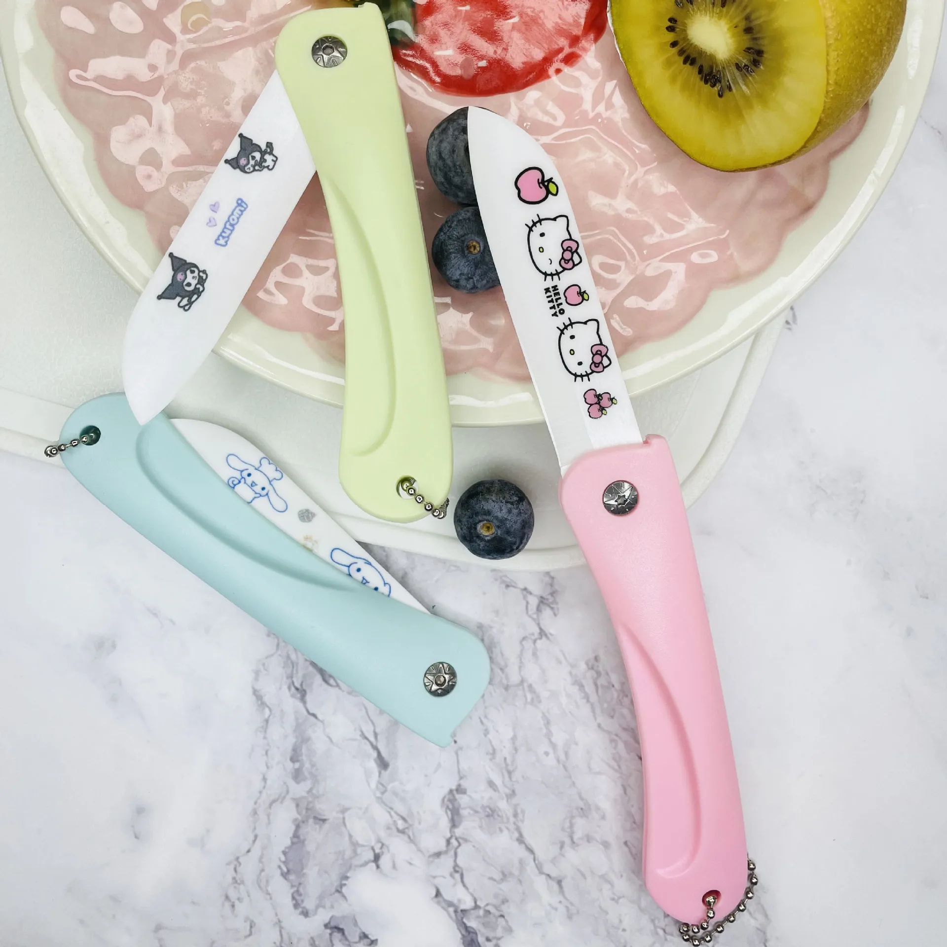 Hello Kitty Kawaii Sanrio Cartoon Anime Cinnamoroll Kulomi Ceramic Folding Fruit Knife Cute Pink Portable Knife