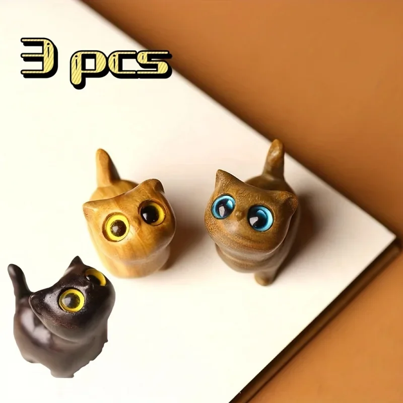 3cm Hand-Carved Solid Wood Cat Figurine - Natural Miniature Kitty Toy/Desk Decor, Eco-Friendly Non-Toxic Pet Gift & Collectible