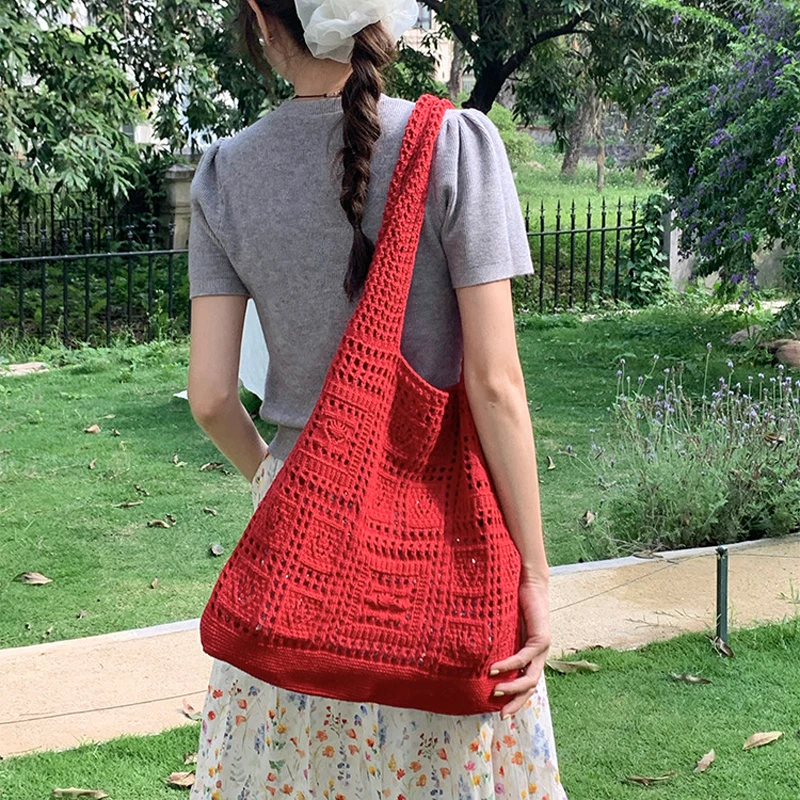 Bolsa de Ombro Única Tricotada Vermelha Romântica, Bolsa de Viagem Retro em Malha Simples, ande Tamanho, Poliéster io
