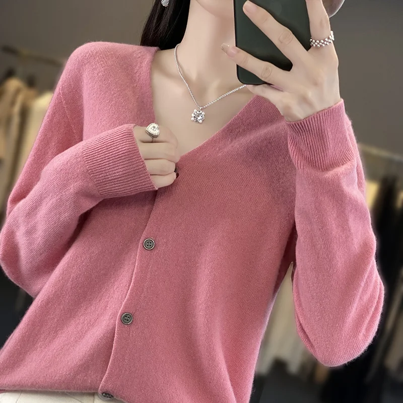 New Women\'s V-neck thin Cardigan 100% Wool Comfortable Soft Knitwear Solid Color Cardigan WQ015